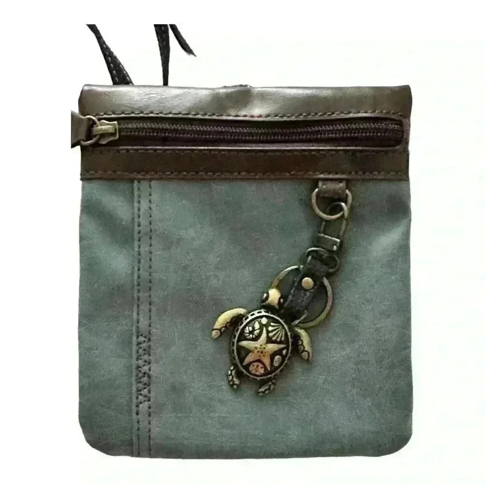 Chala Blue & Brown Vegan Leather Crossbody Bag with Sea Turtle Key Chain - Picture 3 of 9